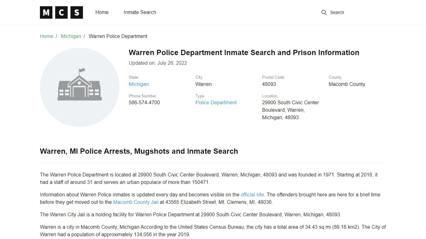 Warren Police Department Inmate Search and Prison Information